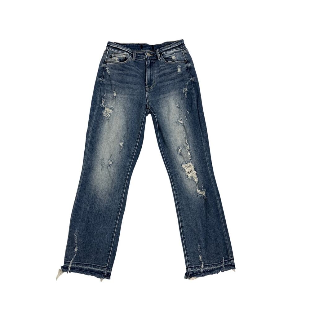 Judy Blue Jeans Straight Fit Distressed Fray Bottom Jeans Size Women's 3 | 26 - Picture 2 of 5